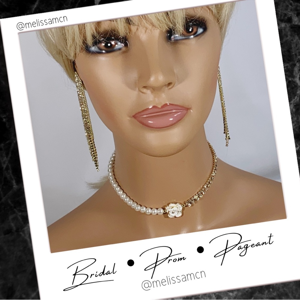 Rhinetone, Pearl & Sparkly Fringe Necklace & Earring Set